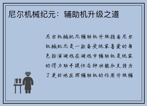 尼尔机械纪元：辅助机升级之道